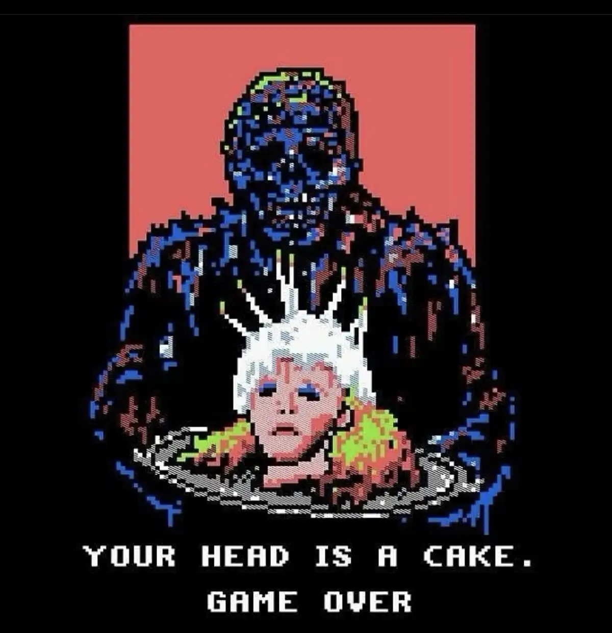A pixel-art image shows a large, blue-skinned monster looming over a plate holding a severed white-haired head. The text at…