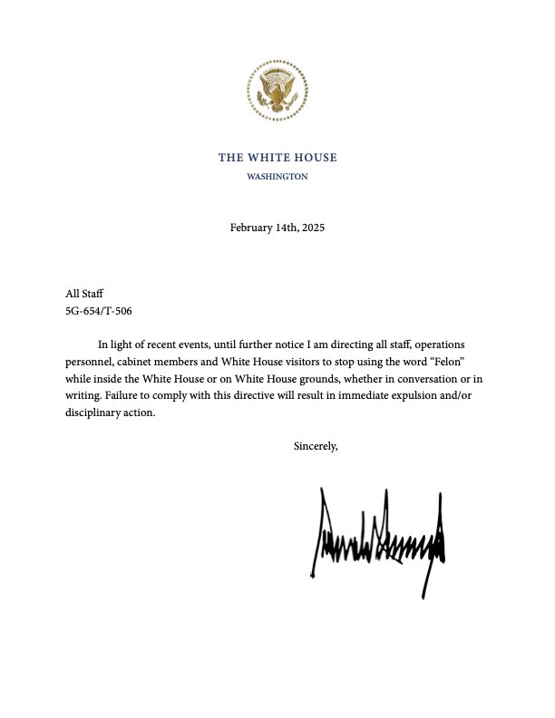 A fake White House memo dated February 14th, 2025, addressed to 'All Staff', instructs personnel to stop using the word…