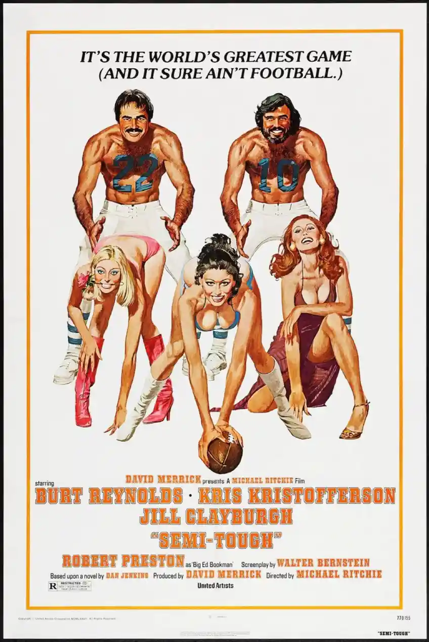 A vintage movie poster for 'Semi-Tough' featuring two shirtless, muscular men with numbers 22 and 10 on their chests…