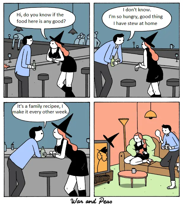 A four-panel comic strip shows a man asking a witch at a bar if the food is good. She says she's hungry and has stew at…