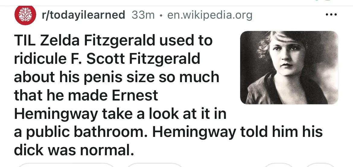 A black-and-white portrait of Zelda Fitzgerald is shown next to text from a Reddit post in the r/todayilearned subreddit…