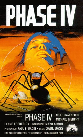 A movie poster for 'Phase IV' shows a large black ant with a human-like face on its head, standing before a stylized human…