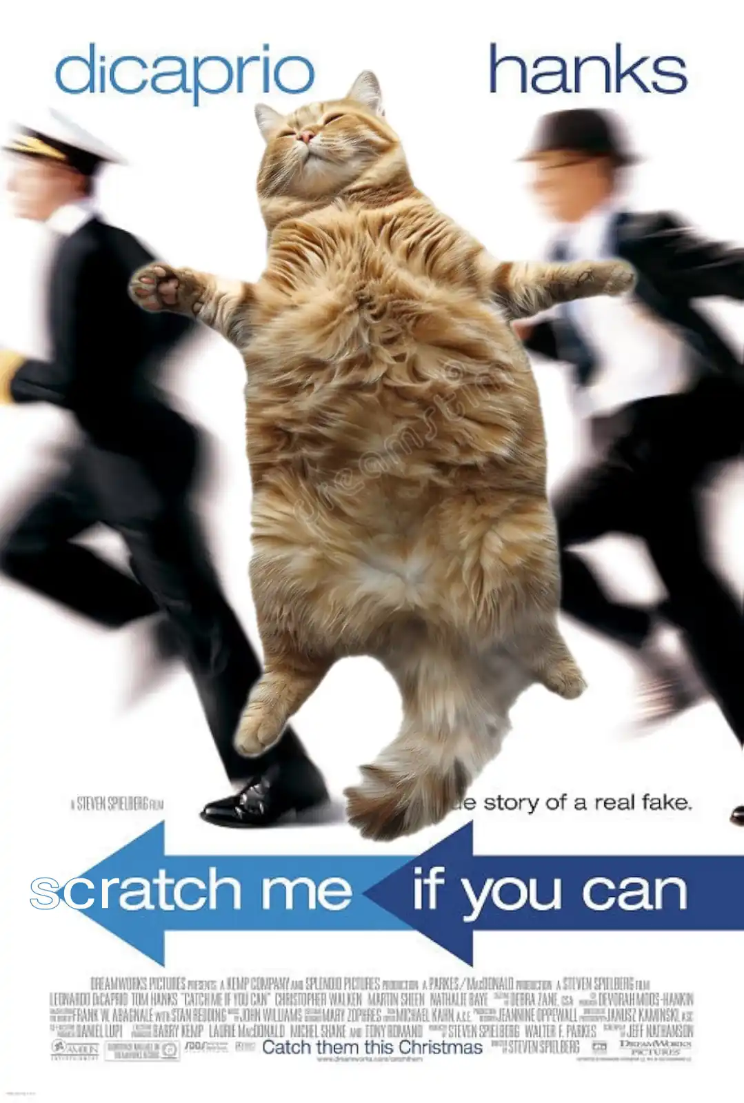 A poster for the movie 'Catch Me If You Can' is edited to show a fluffy orange cat in the center, floating with arms…