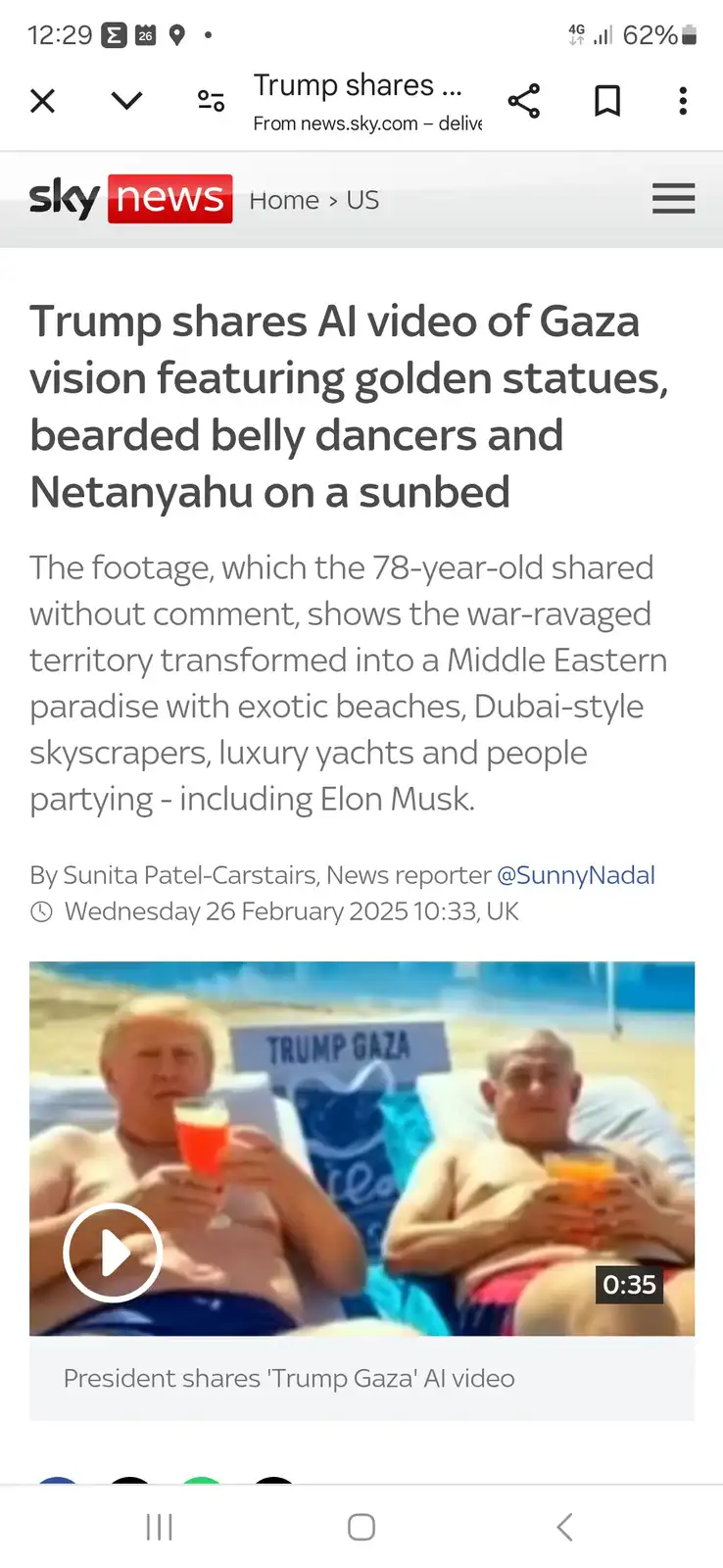 The image shows a screenshot of a Sky News article about a fabricated AI video. The video thumbnail depicts two men…