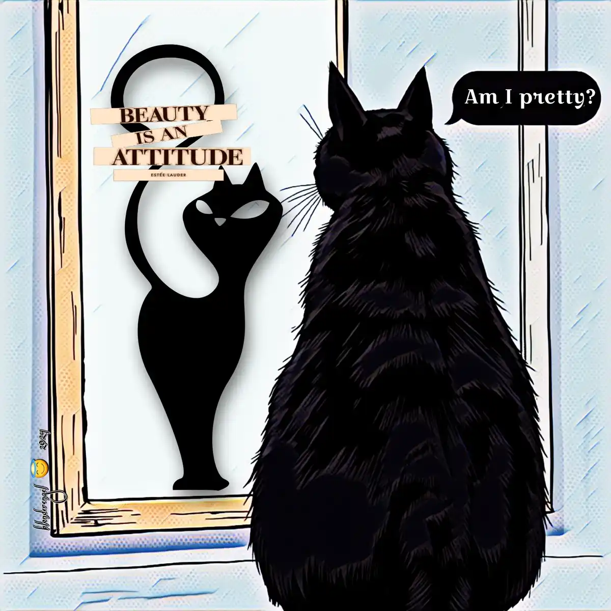 A fluffy black cat sits at a window, looking at its reflection in the glass. The reflection shows a stylized, elegant black…