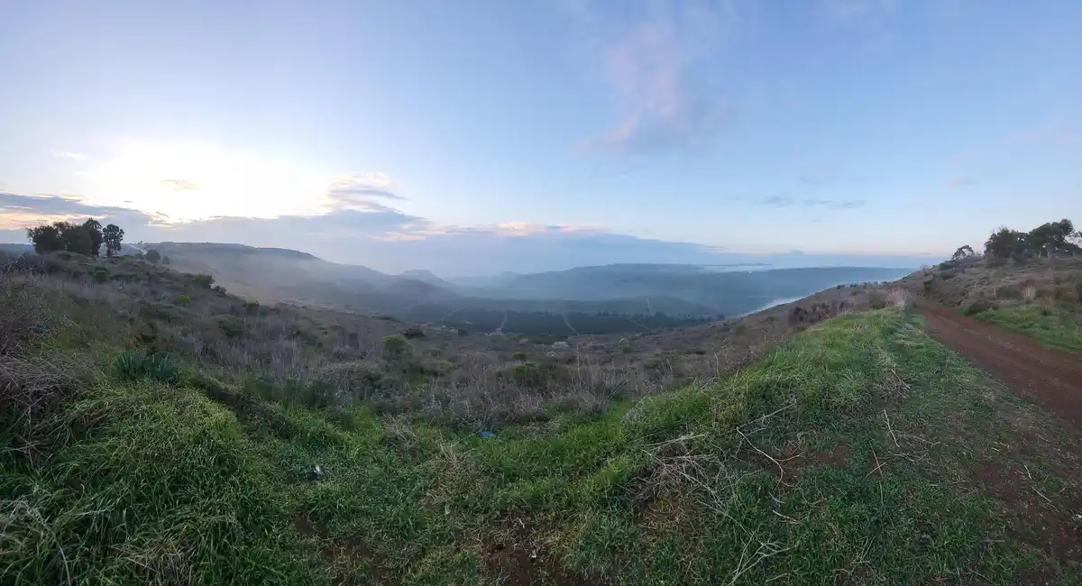 A wide-angle photo of a scenic, hilly landscape at dawn or dusk, with rolling green and brown hills, a dirt path on the…