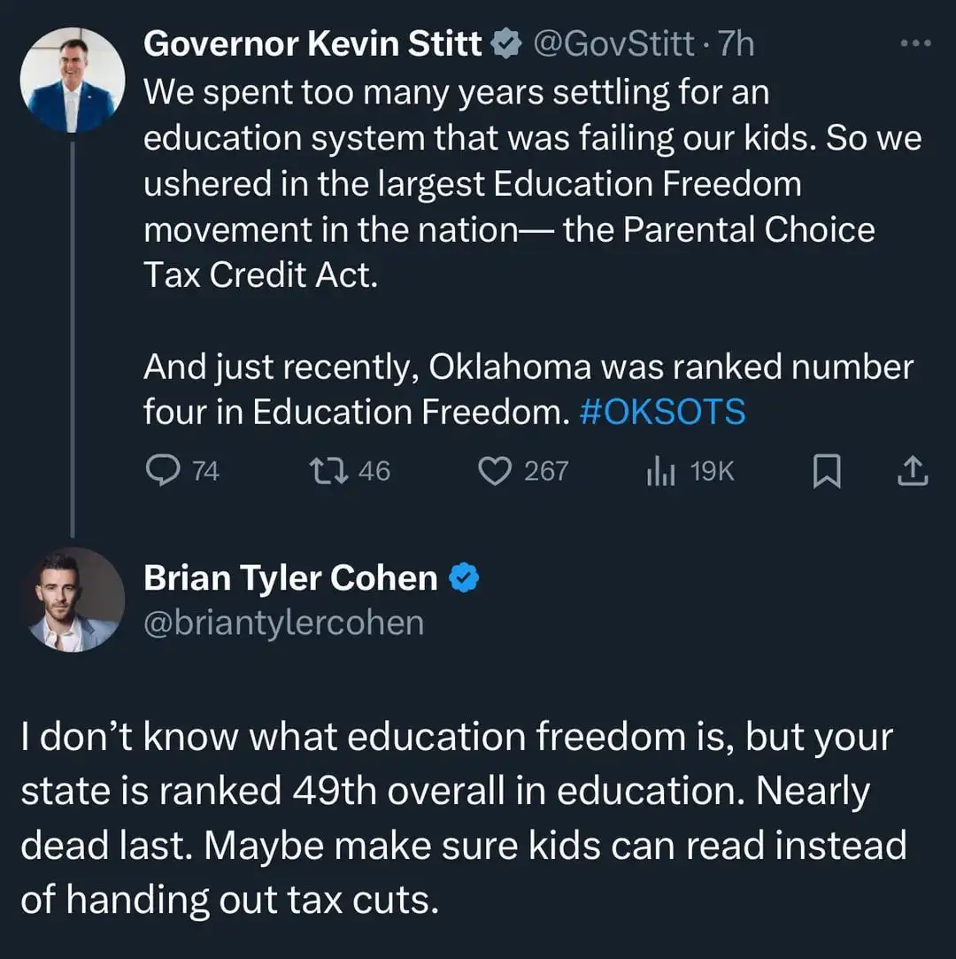 A screenshot of two Twitter replies. The first is from Governor Kevin Stitt, who claims Oklahoma is ranked #4 in 'Education…