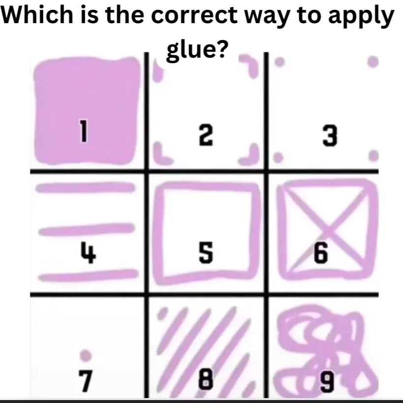 The image displays a 3x3 grid of nine different hand-drawn purple glue application methods, labeled 1 through 9, with the…