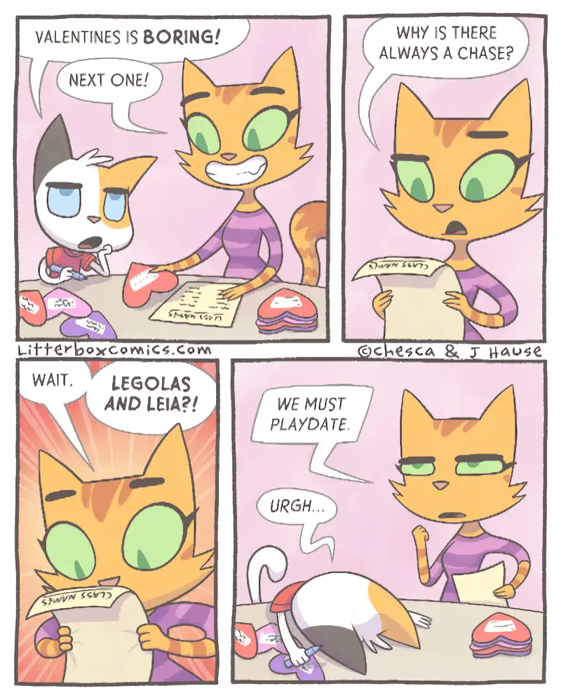 A four-panel comic strip featuring two cartoon cats. In the first panel, a white and orange cat says 'NEXT ONE!' while an…