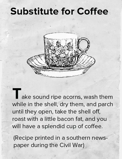 An old-fashioned black-and-white illustration of a floral teacup on a saucer, overlaid with text titled 'Substitute for…