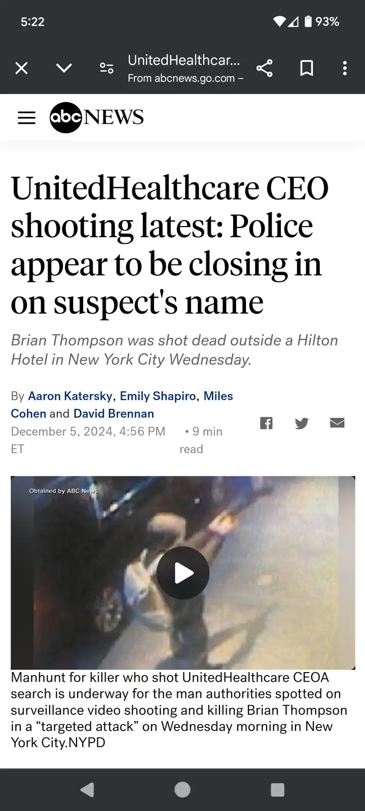 A screenshot of an ABC News mobile article about the UnitedHealthcare CEO shooting, featuring a headline, byline, date, and…