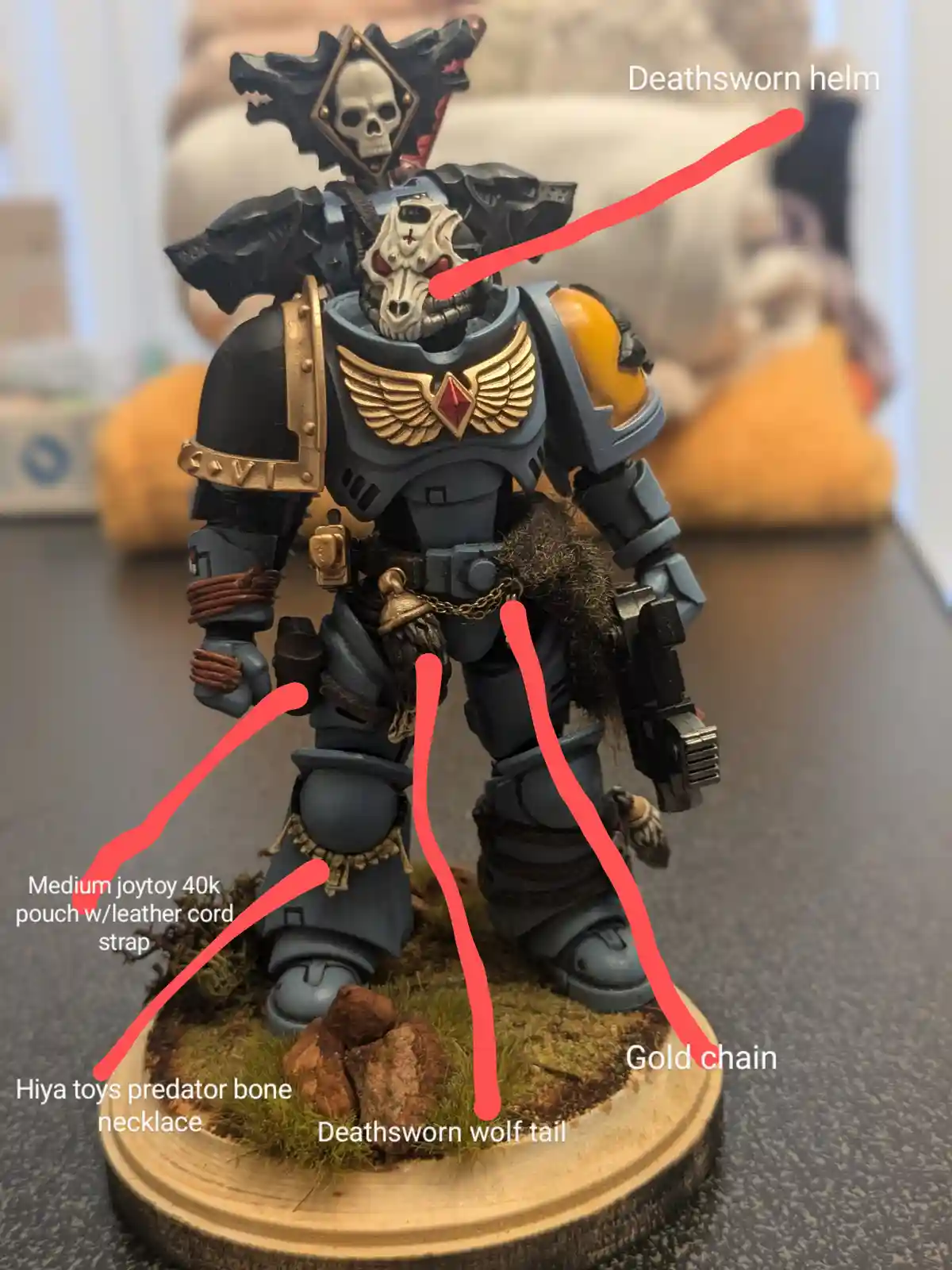 A painted Warhammer 40,000 miniature of a Space Marine is shown with red lines pointing to various parts of its armor and…