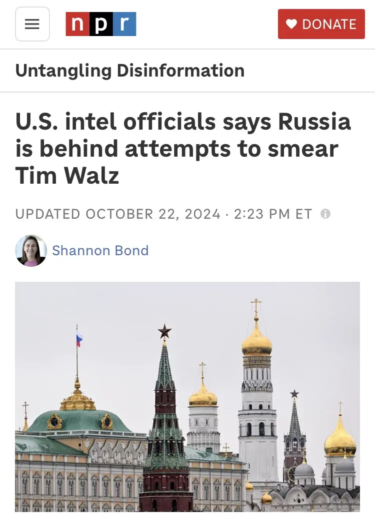 An NPR news article screenshot with a headline stating 'U.S. intel officials says Russia is behind attempts to smear Tim…