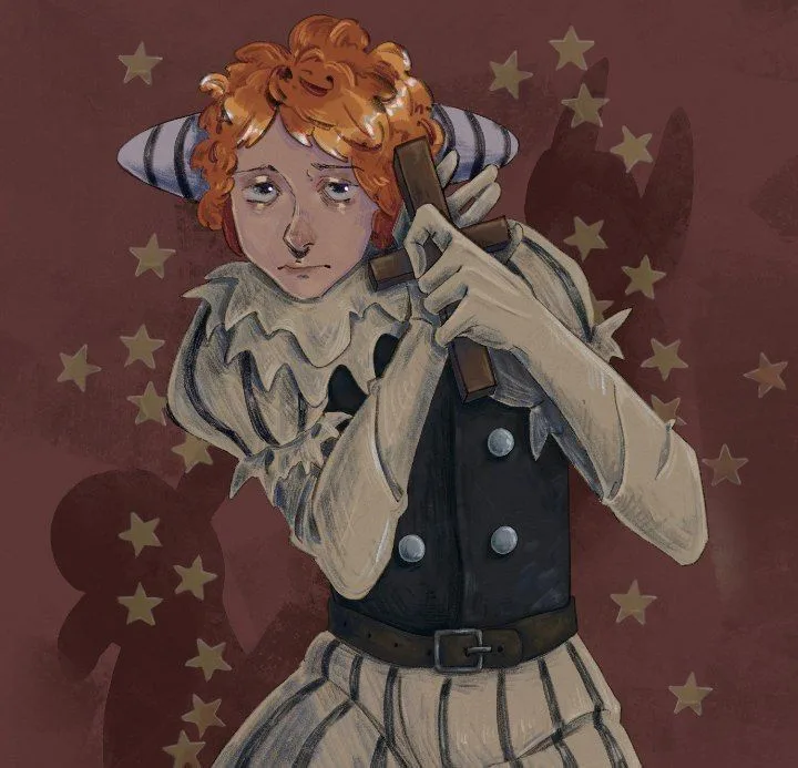 An illustrated character with curly orange hair, wearing a striped hat and a ruffled collar, holds a wooden cross while…
