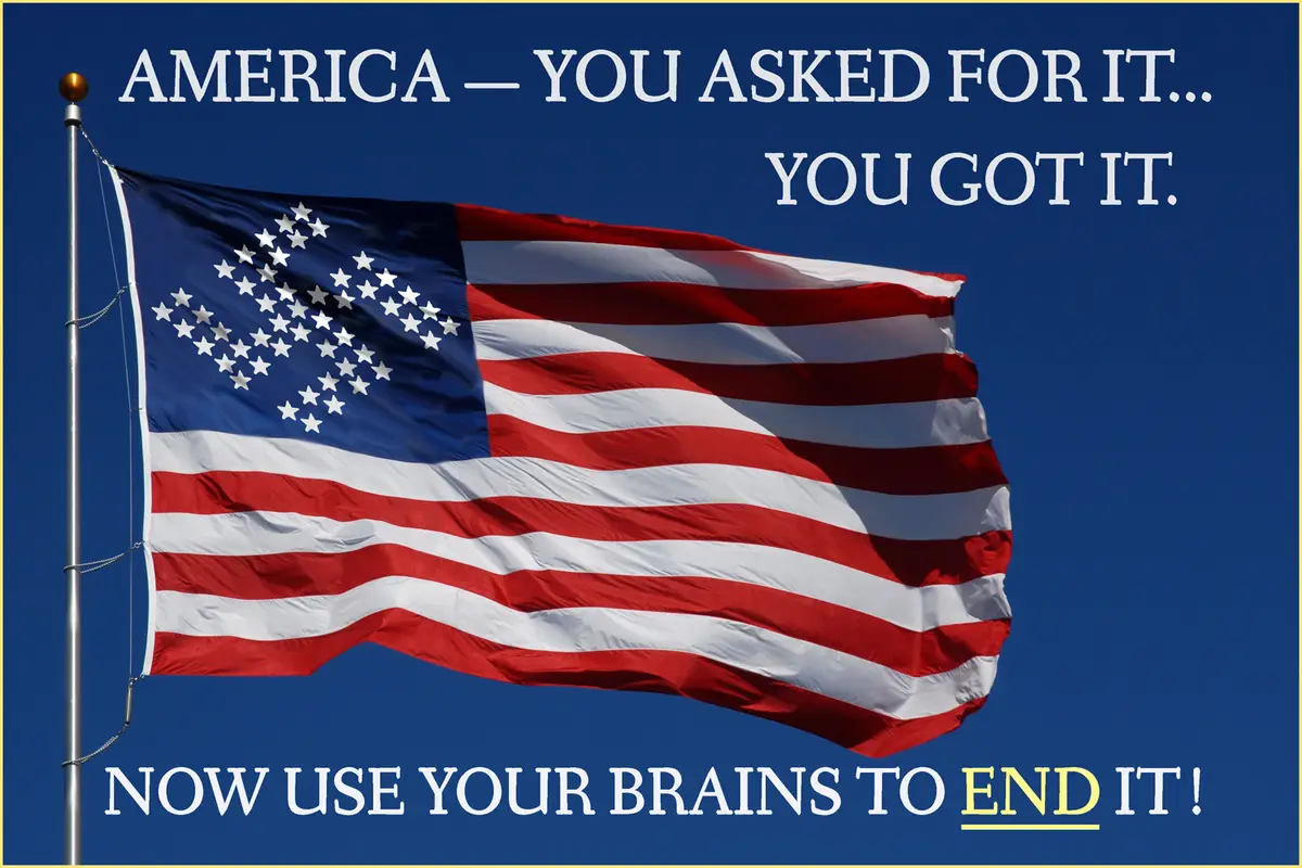 An American flag with a chaotic, scattered star pattern on its blue canton, waving against a clear blue sky. White text…