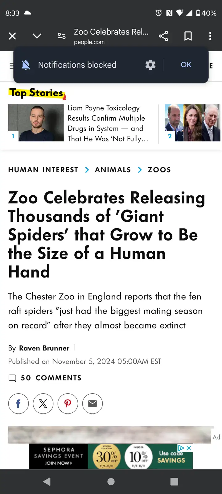 A screenshot of a news article from people.com shows a headline about a zoo releasing giant spiders, with a 'Notifications…