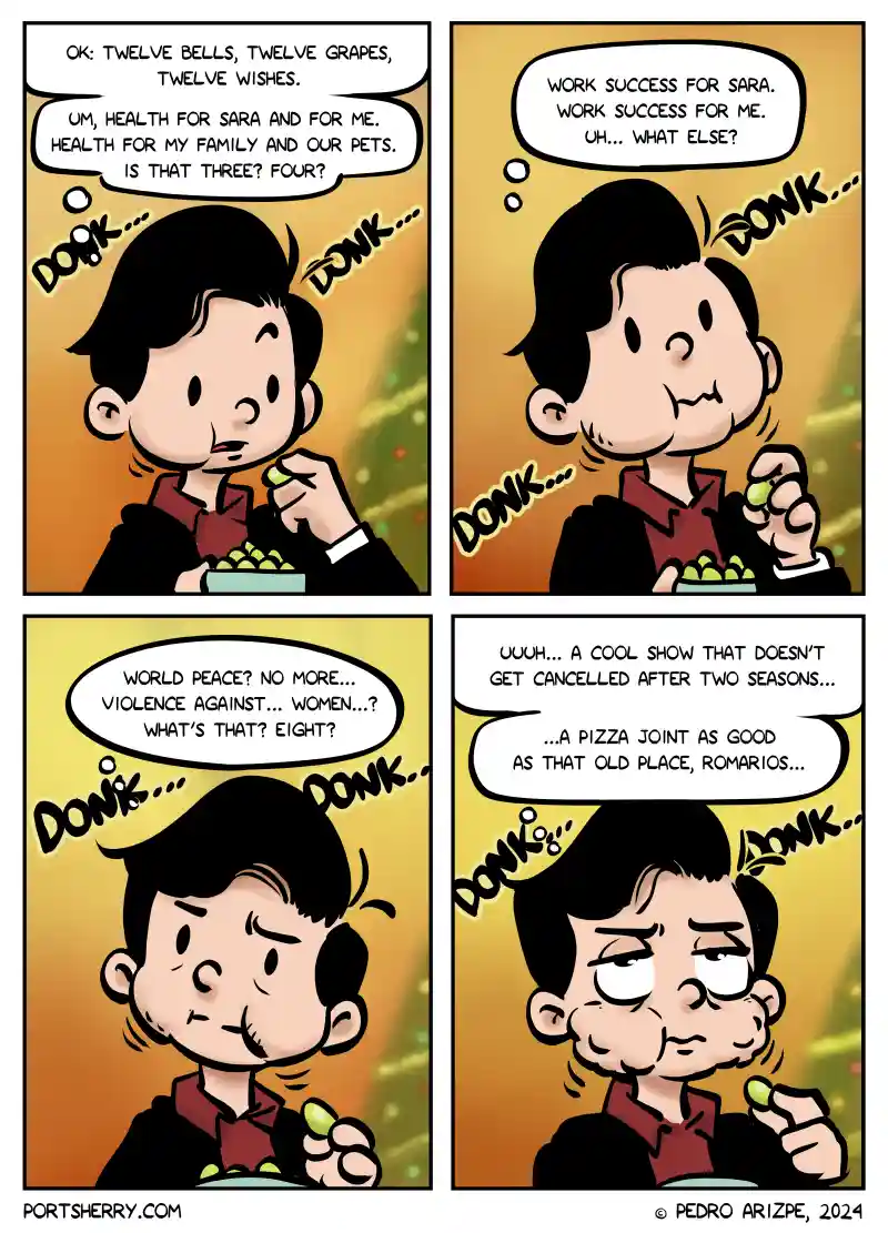 A four-panel comic strip shows a man eating twelve green grapes one by one while making increasingly absurd wishes for each…