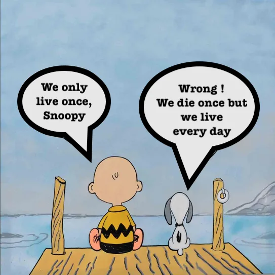 Charlie Brown and Snoopy sit side by side on a wooden dock overlooking water. Charlie Brown, wearing his iconic yellow shirt…