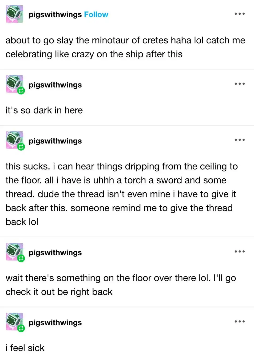 A screenshot of a social media thread from a user named 'pigswithwings' showing a dramatic, escalating narrative. The user…