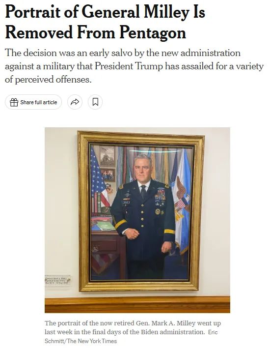 A framed portrait of retired General Mark Milley in military uniform hangs on a wall, flanked by American flags and other…