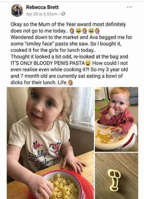 A collage of three images: a young girl in a 'Daddy's Little' shirt smiling while eating pasta, a baby in a high chair…