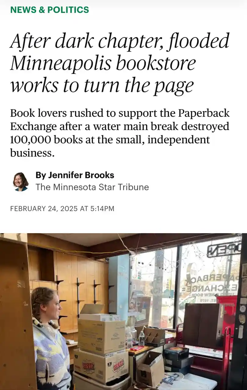 A news article screenshot shows a flooded Minneapolis bookstore, the Paperback Exchange, with a woman in a patterned jacket…