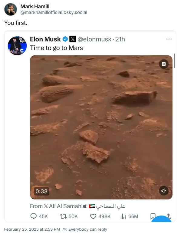 A screenshot of a Twitter post by Mark Hamill replying to Elon Musk's tweet that says 'Time to go to Mars'. The tweet…