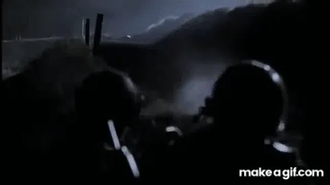 The image shows a sequence of frames from a dark, gritty scene where soldiers in helmets are firing weapons, with bright…