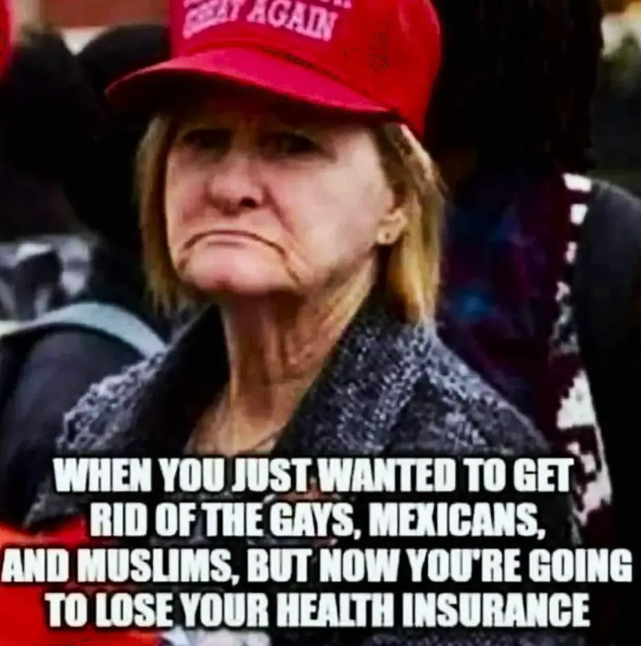 A close-up photo of a middle-aged woman with a stern, disappointed expression, wearing a red 'Make America Great Again' cap…