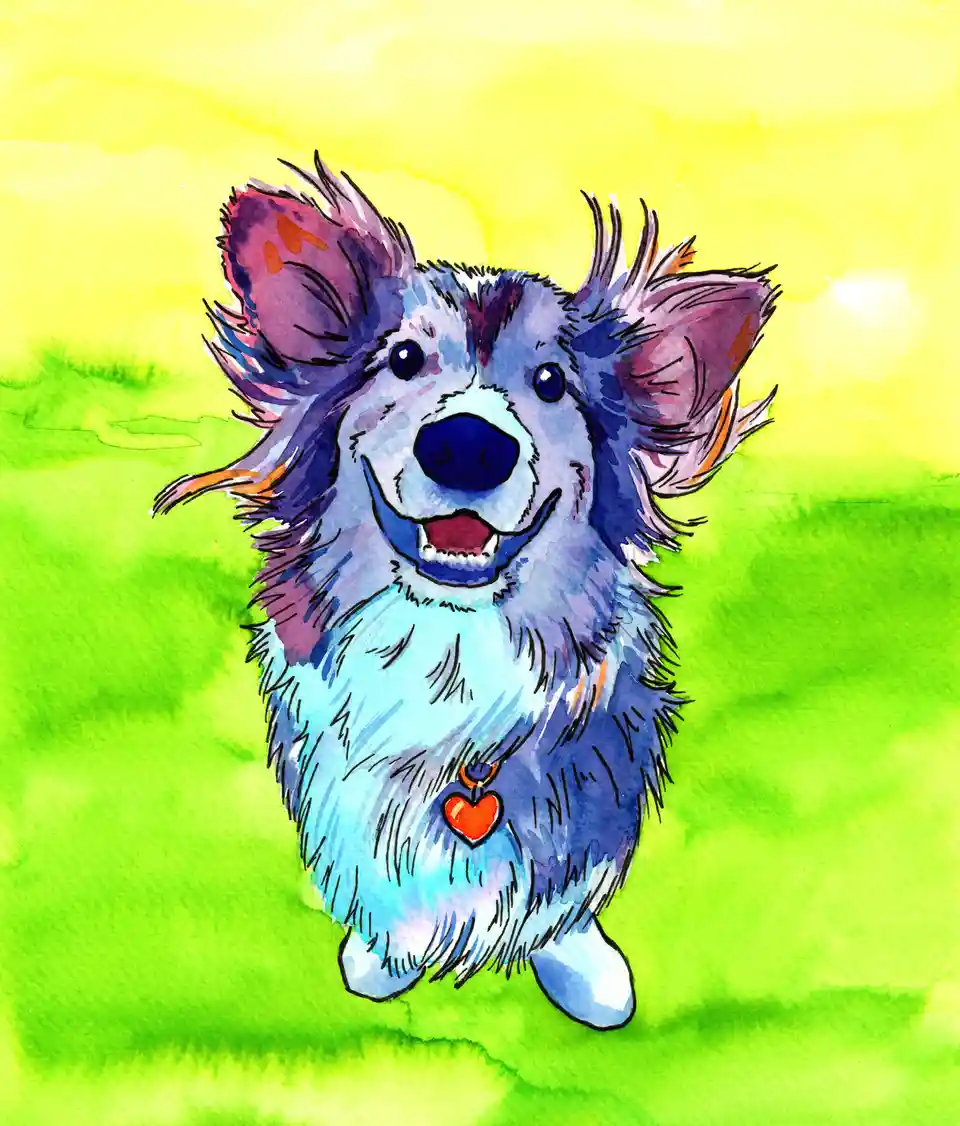 A watercolor painting of a happy, fluffy dog with blue and purple fur, standing on green grass against a yellow sky. The dog…