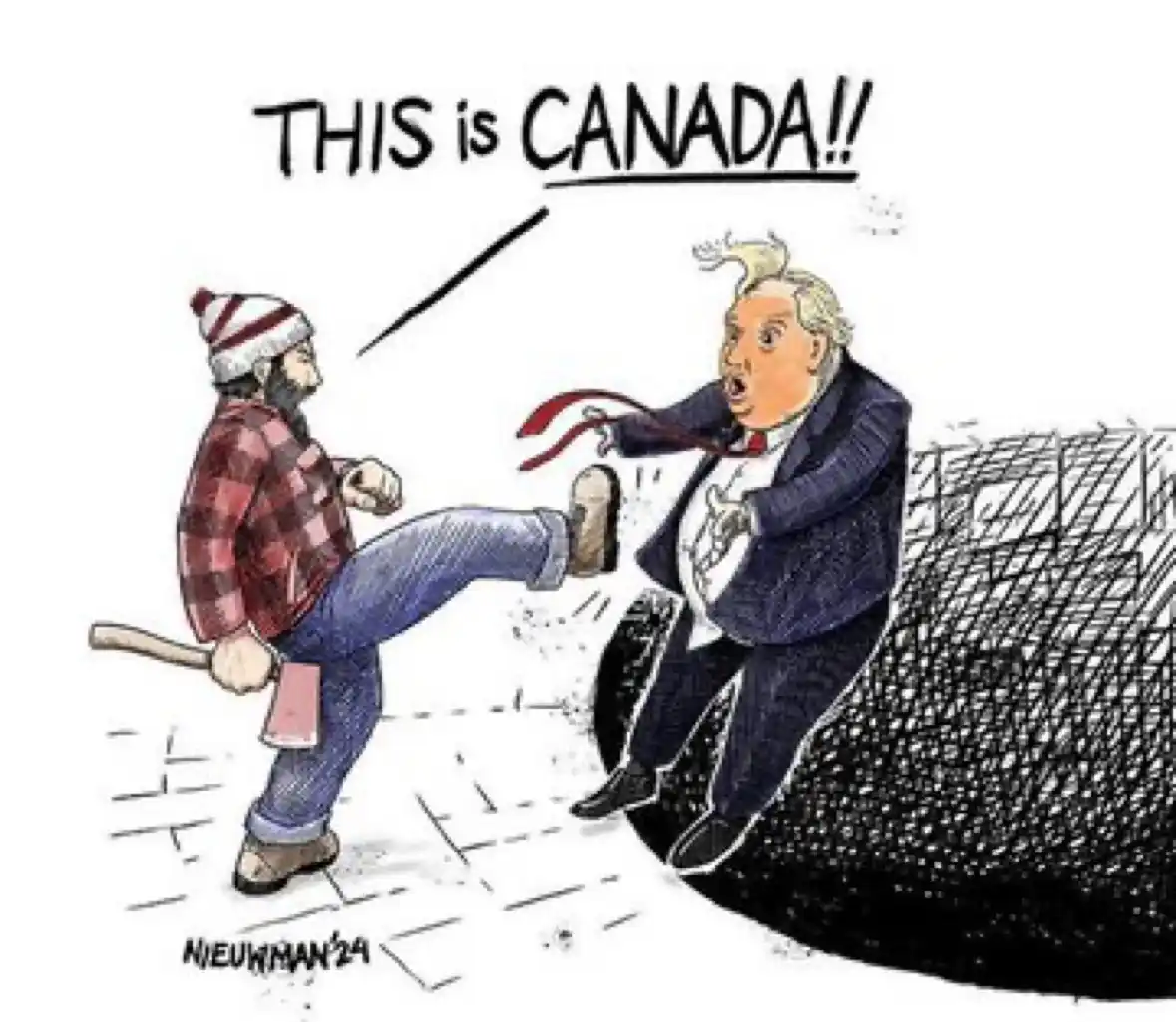 A cartoon depicts a bearded man in a red plaid shirt and winter hat kicking a man in a suit who is falling backward into a…