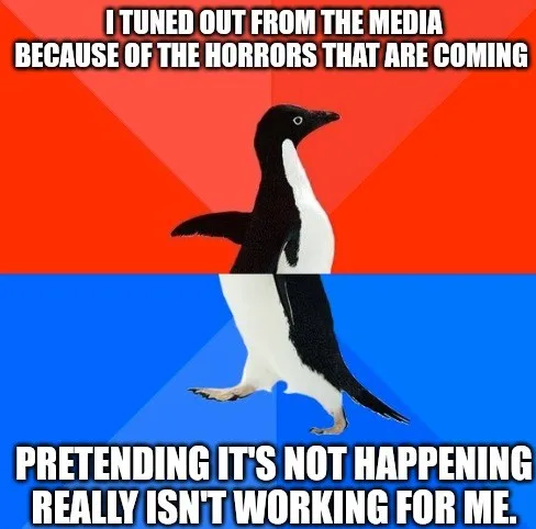 An image of an Adélie penguin walking against a red and blue background, with white text overlaid in two sections. The top…
