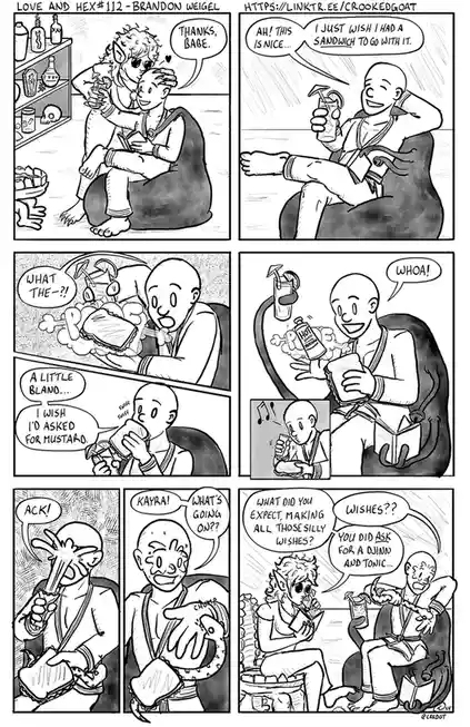 A black-and-white comic strip shows a couple in a cozy setting, where one character wishes for a sandwich. The wish…