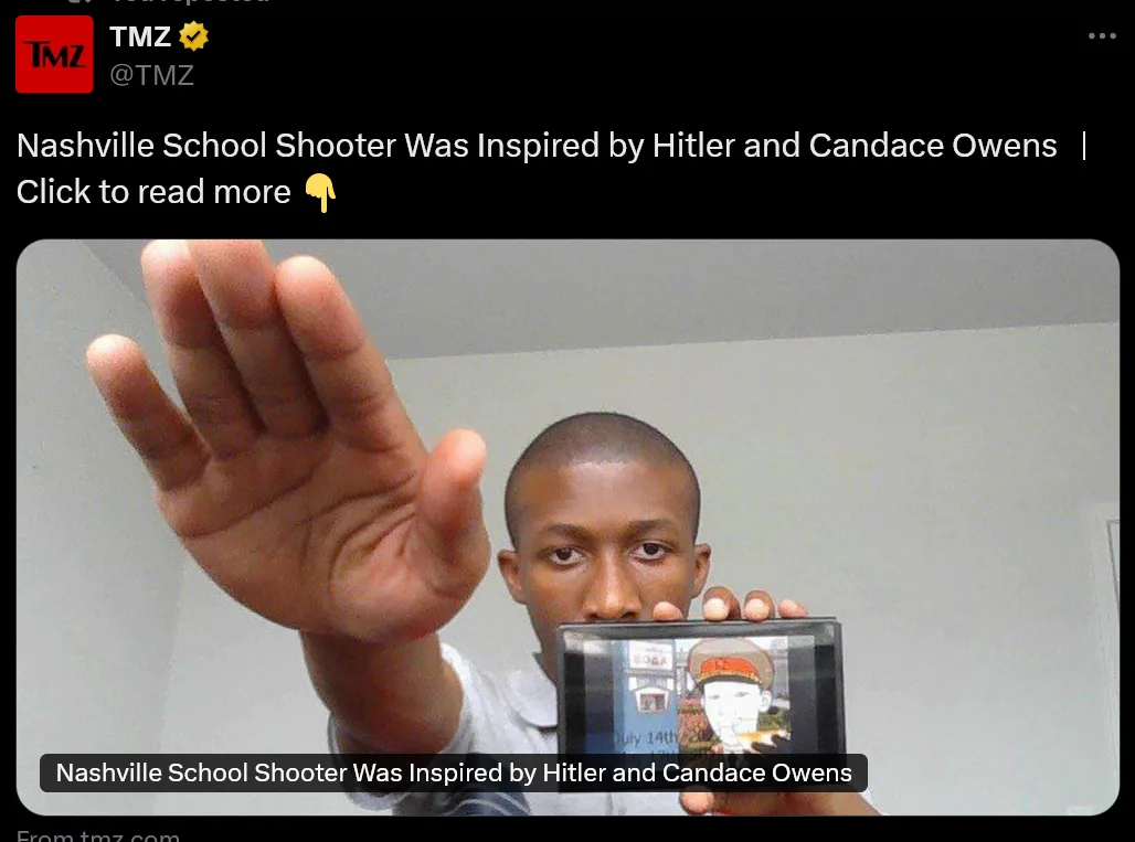 A young Black man holds up a smartphone displaying a cartoon image of Adolf Hitler while extending his other hand toward the…