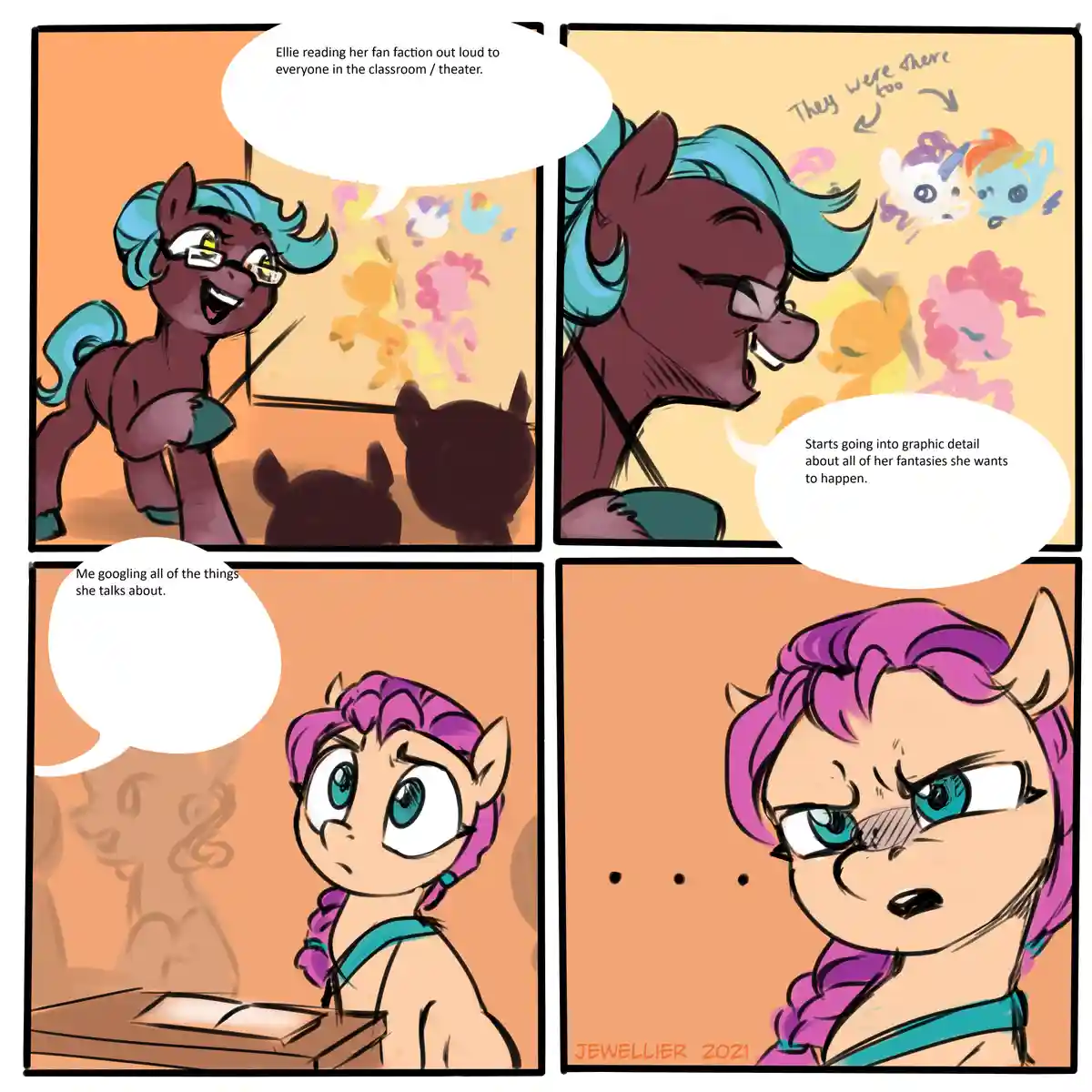 A four-panel comic strip featuring My Little Pony characters. In the first panel, a dark purple pony with blue hair and…