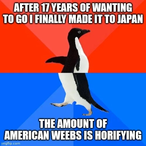 A penguin stands in the center of the image, split by a red and blue background. The top text reads 'AFTER 17 YEARS OF…