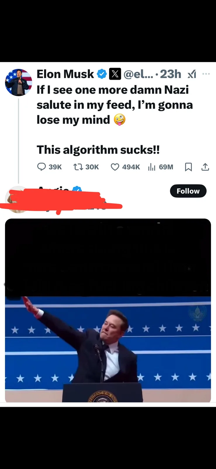 A screenshot of a tweet from Elon Musk complaining about seeing Nazi salutes in his feed, followed by a meme image of him at…