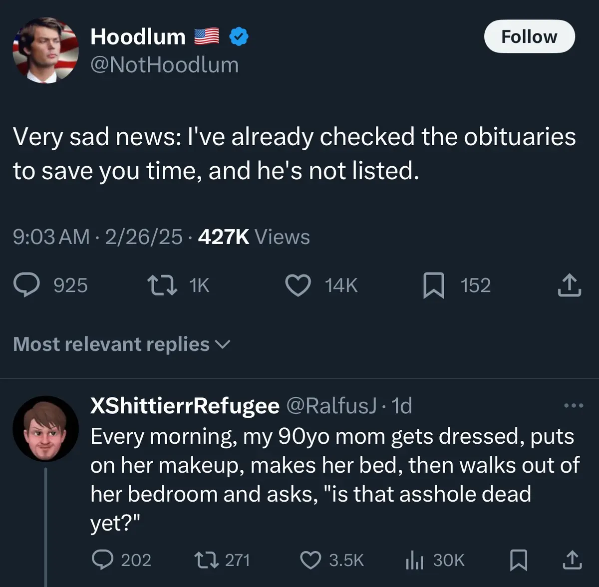 A screenshot of a Twitter post by user 'Hoodlum' stating 'Very sad news: I've already checked the obituaries to save you…