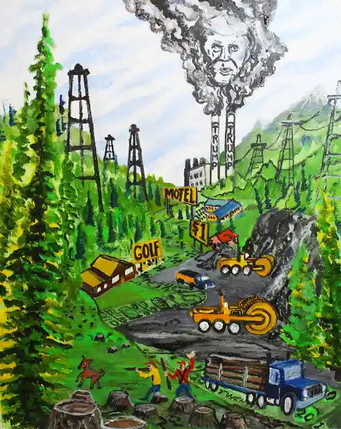 A painted scene depicts a forest clearing with logging trucks, stumps, and hunters, while smoke from two tall chimneys…