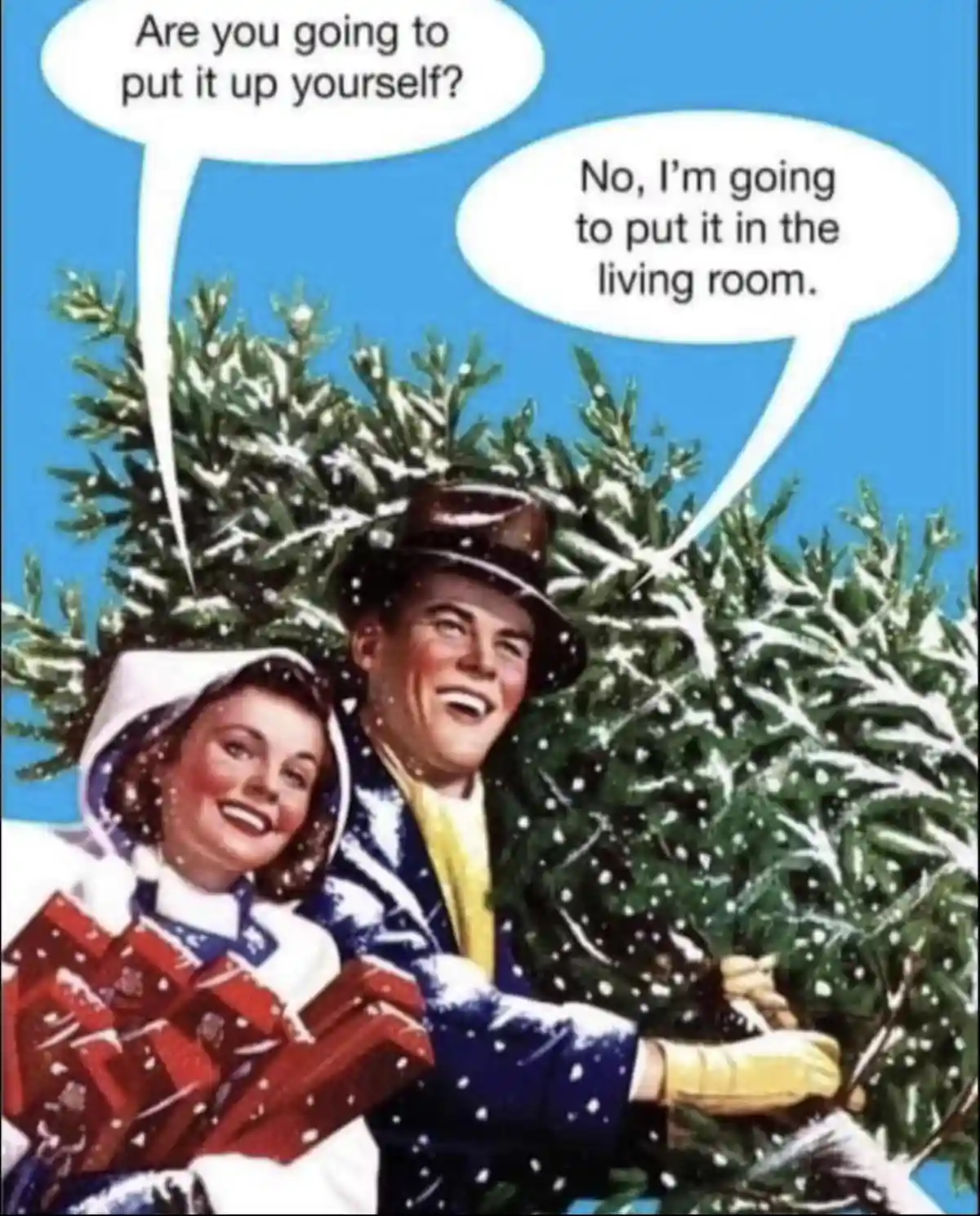 A vintage-style illustration shows a smiling couple in winter clothing carrying a large, snow-dusted Christmas tree outdoors…