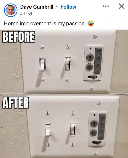 The image shows a before-and-after comparison of a light switch plate. In the 'before' photo, there are two standard toggle…