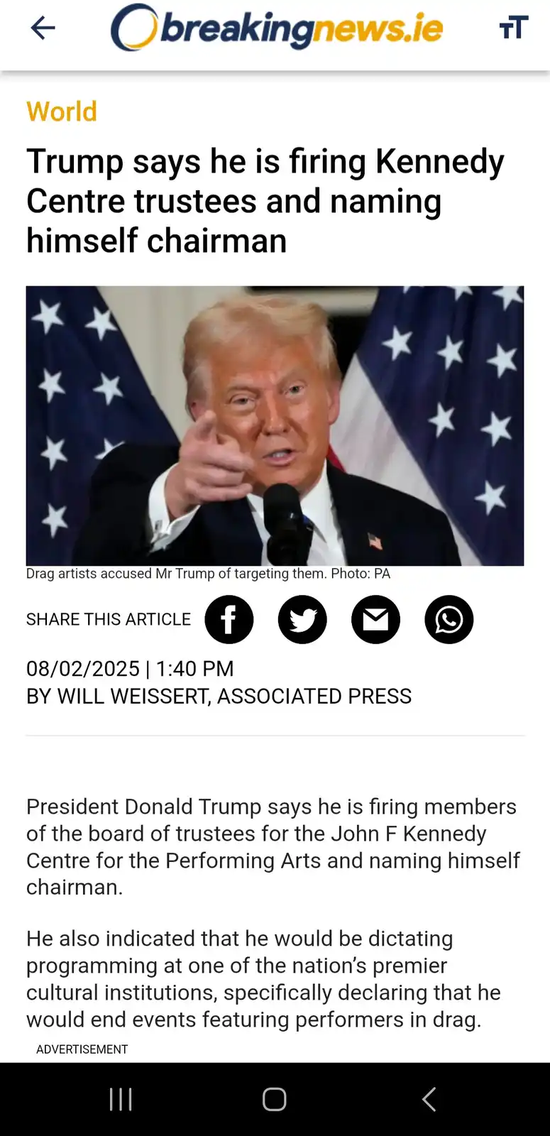 A screenshot of a breaking news article from breakingnews.ie shows a photo of Donald Trump pointing at the camera, flanked…