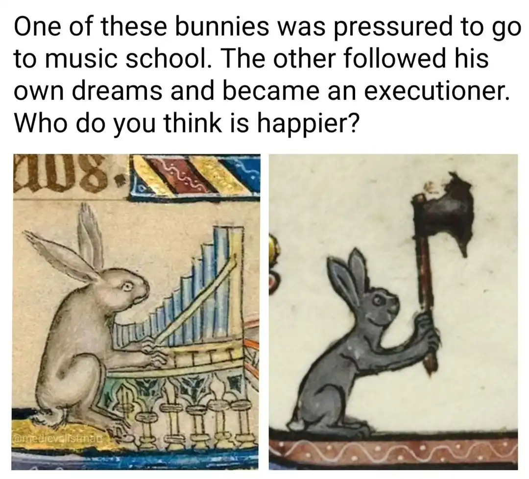 The image displays two medieval-style illustrations side by side. On the left, a rabbit is shown playing a pipe organ. On…