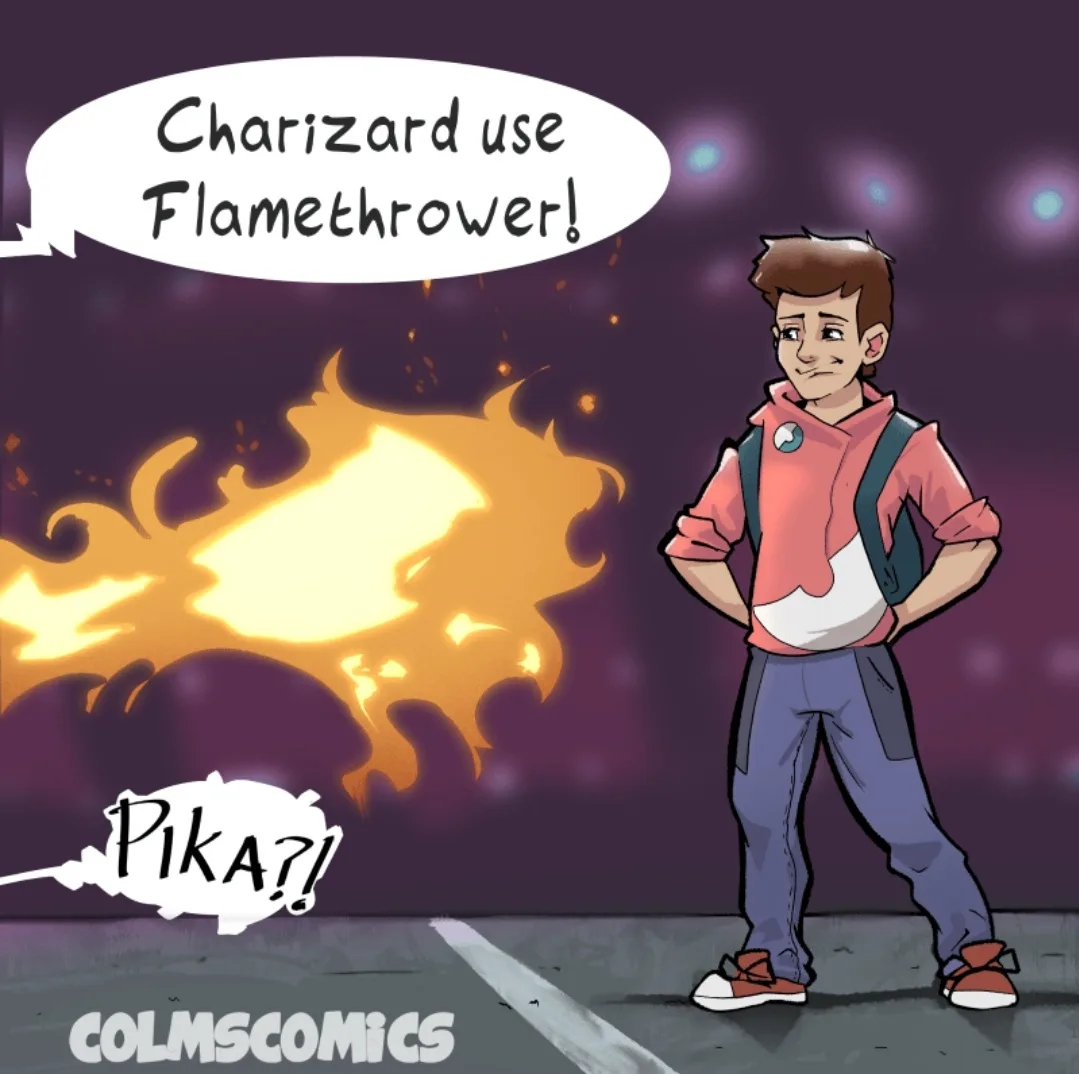 A cartoon boy in a pink hoodie and blue pants stands with hands on hips, looking annoyed as a large fireball erupts beside…