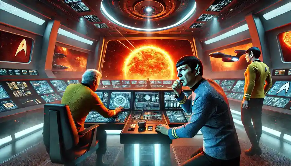 In a Star Trek spaceship bridge, Spock stands with a concerned expression, hand to his chin, while Captain Kirk interacts…