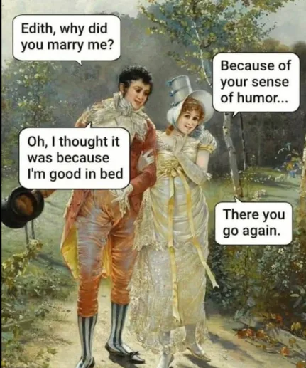 A vintage-style painting depicts a man and woman in 19th-century formal attire walking outdoors. The man, holding his hat…