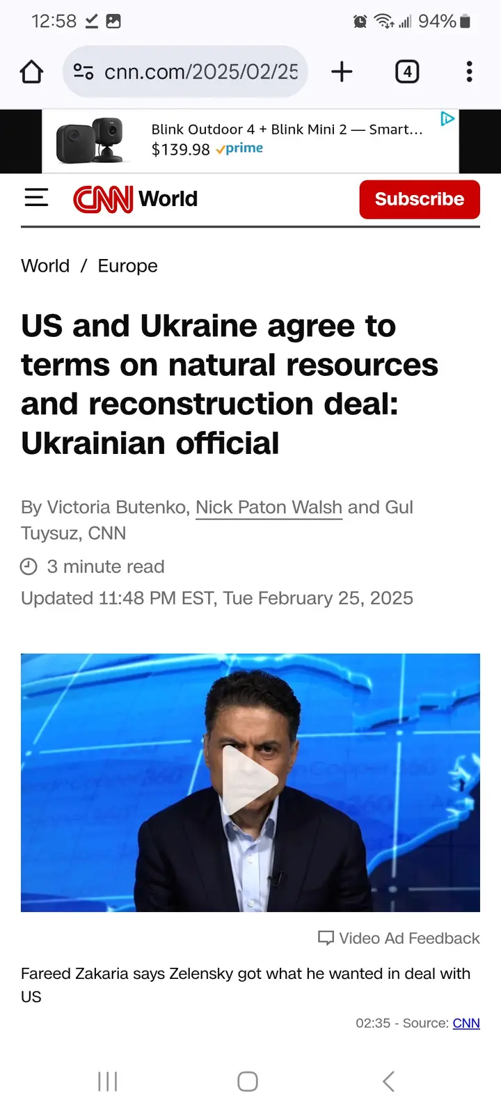 A screenshot of a CNN World news article dated February 25, 2025, with a headline about a US-Ukraine deal. The article…
