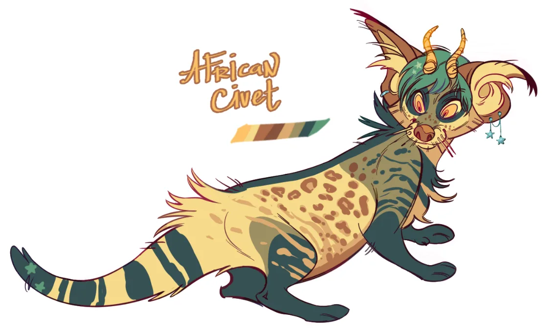 A cartoonish, anthropomorphic African civet with exaggerated features like large eyes, small horns, and star-shaped…