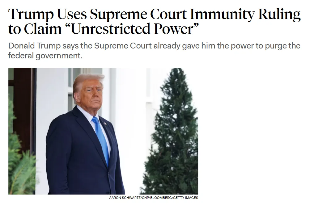 A news article screenshot shows a photo of Donald Trump in a dark suit and blue tie standing outdoors with evergreen trees…