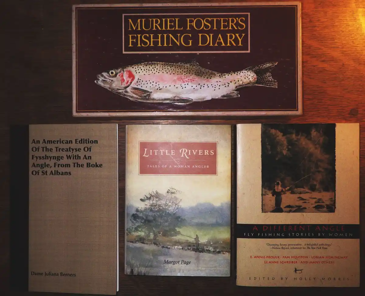 A collection of four books about fishing, including 'Muriel Foster's Fishing Diary' with a trout illustration, 'An American…